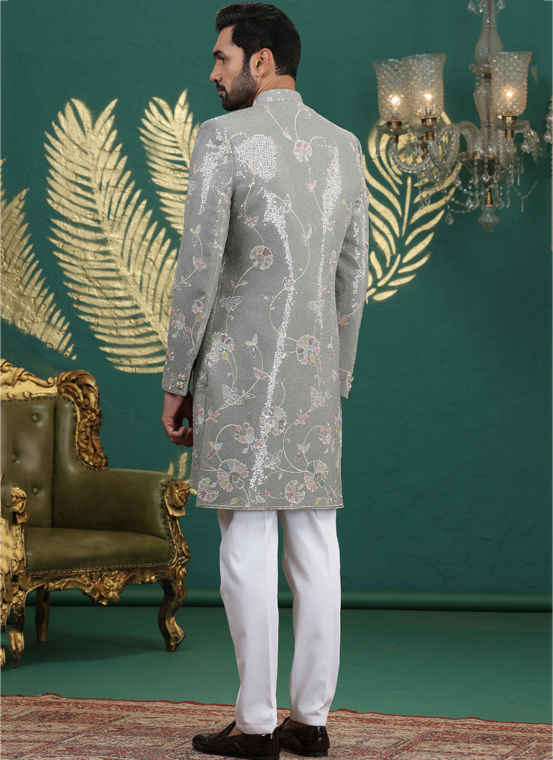 Art Silk Green Party Wear Computer Thread Work Readymade IndoWestern Sherwani 387378