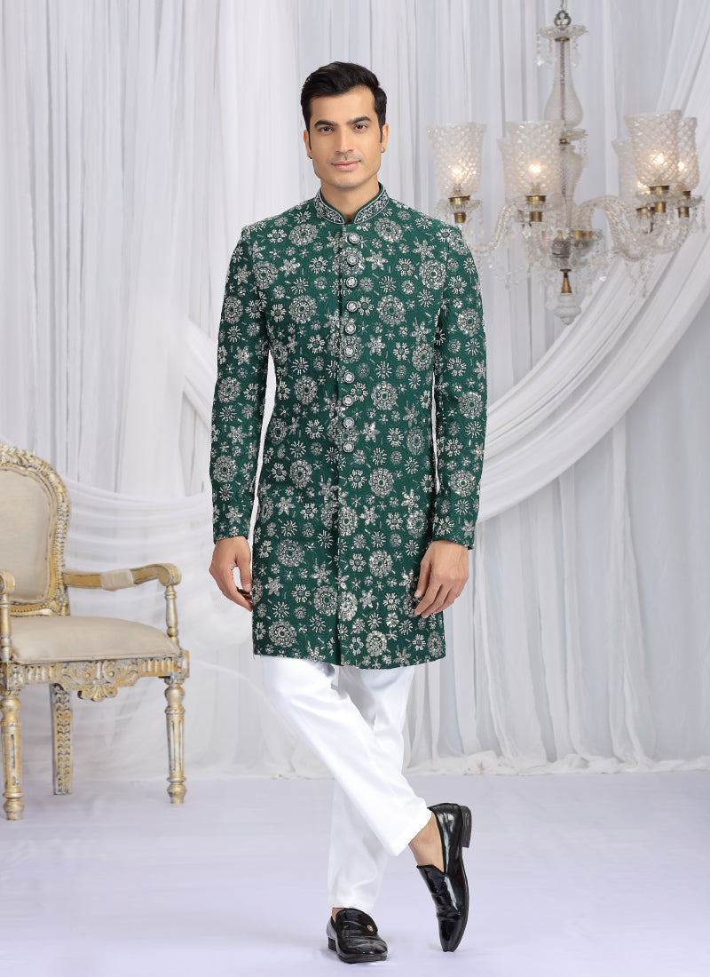 Art Silk Green Wedding Wear Computer Thread Work Readymade Indo Western Sherwani 386019