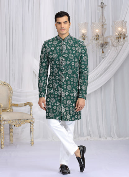 Art Silk Green Wedding Wear Computer Thread Work Readymade Indo Western Sherwani 386019