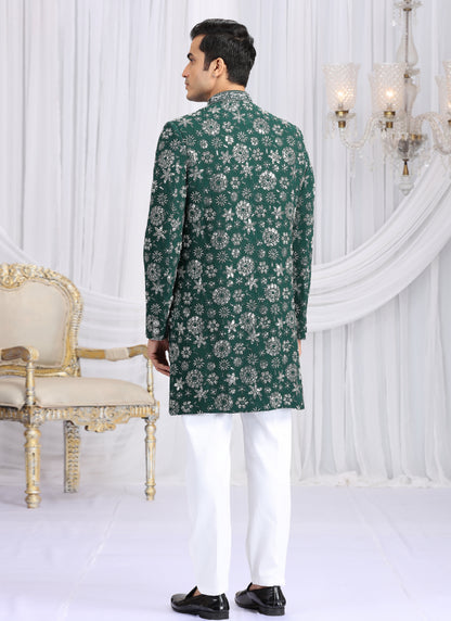 Art Silk Green Wedding Wear Computer Thread Work Readymade Indo Western Sherwani 386019