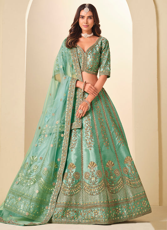 Green Art Silk Embroidery Work Wedding Wear Lehenga Choli SW481032