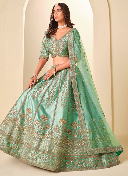 Green Art Silk Embroidery Work Wedding Wear Lehenga Choli SW481032