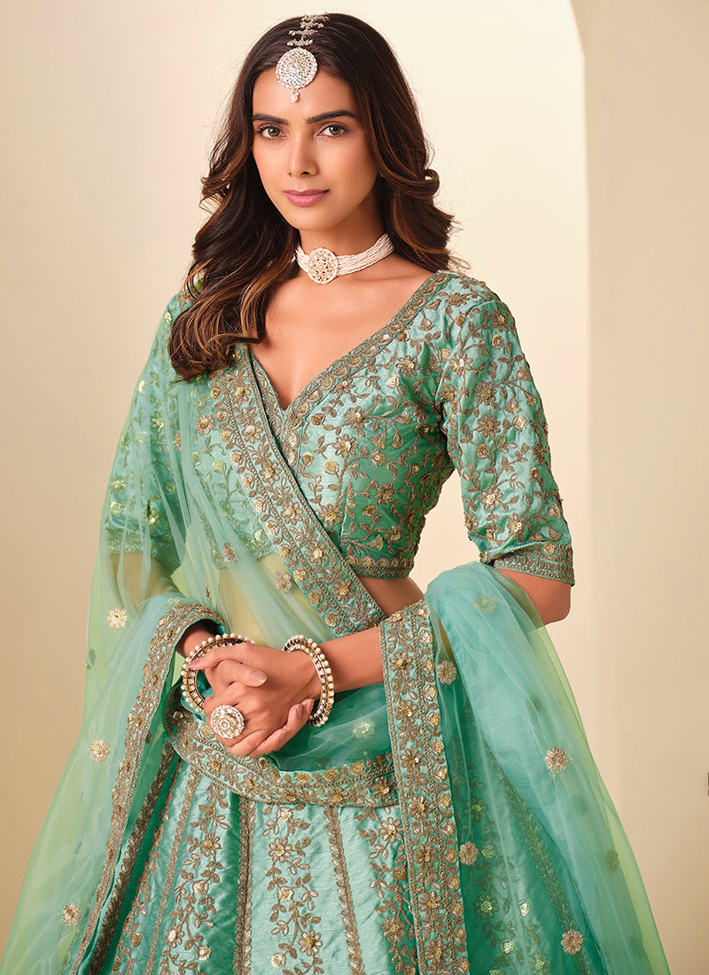Green Art Silk Embroidery Work Wedding Wear Lehenga Choli SW481032