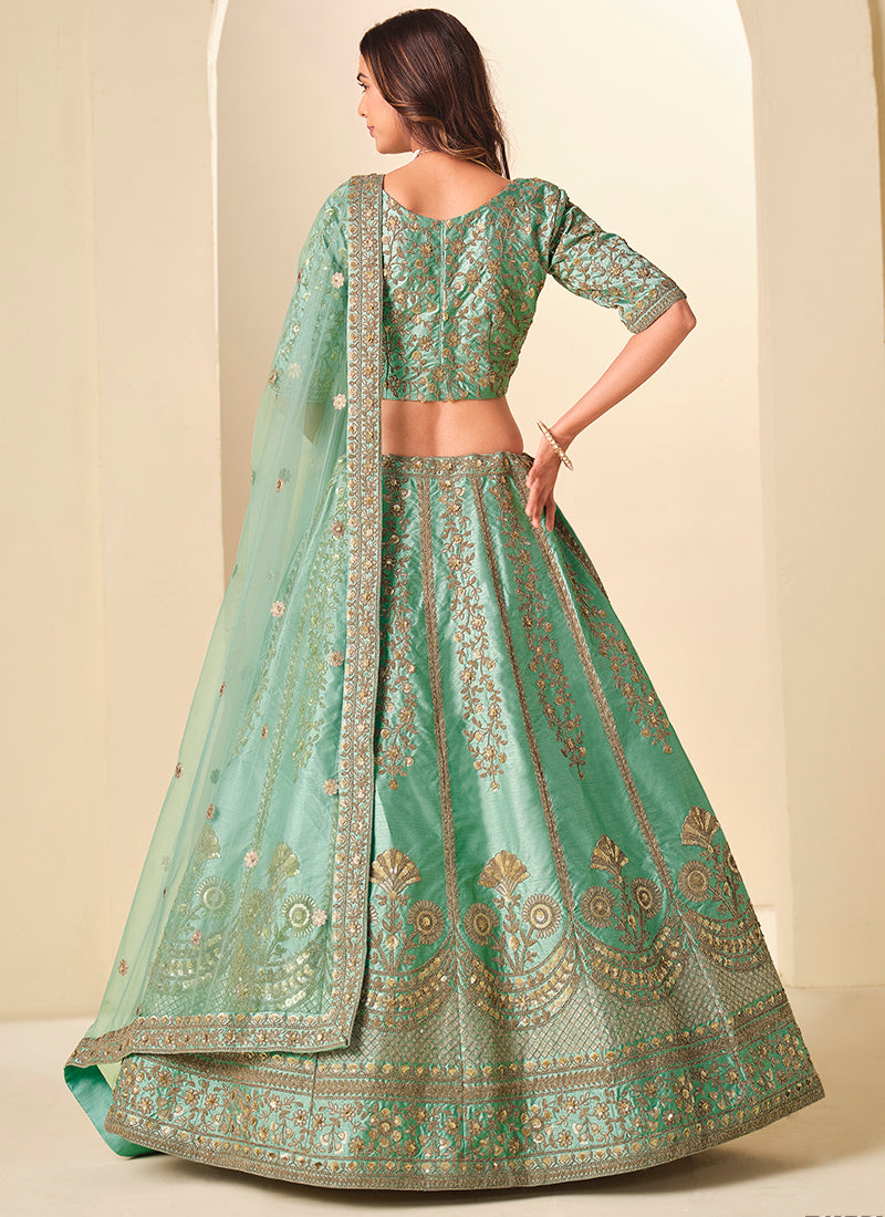 Green Art Silk Embroidery Work Wedding Wear Lehenga Choli SW481032