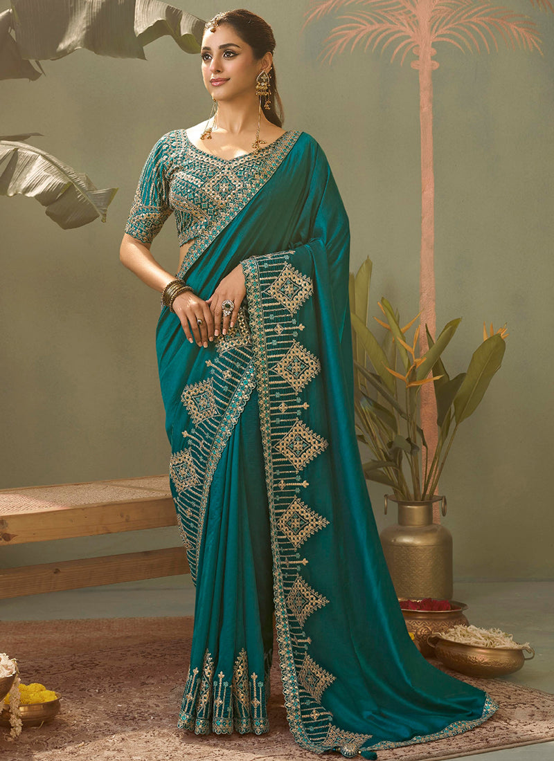 Bemberg Silk Green Wedding Wear Heavy Work Wedding Saree 387273