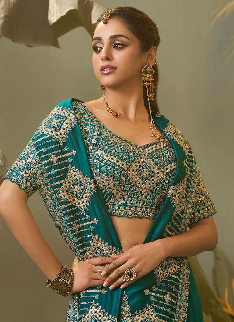 Bemberg Silk Green Wedding Wear Heavy Work Wedding Saree 387273