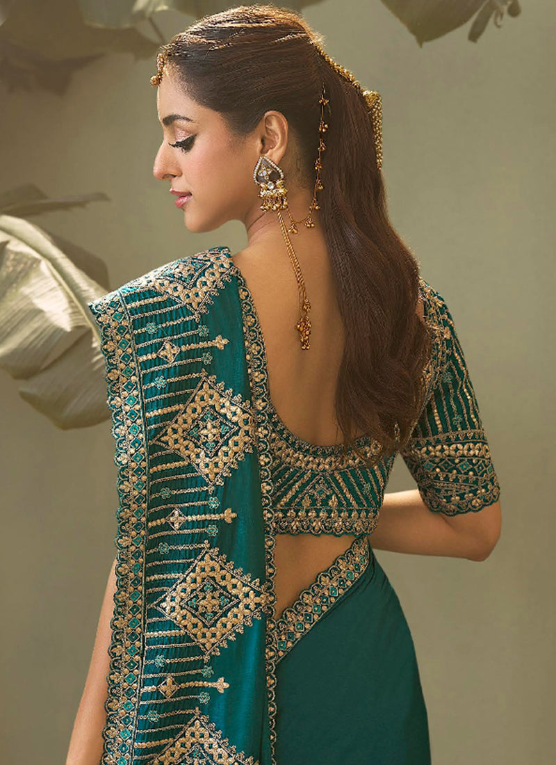 Bemberg Silk Green Wedding Wear Heavy Work Wedding Saree 387273