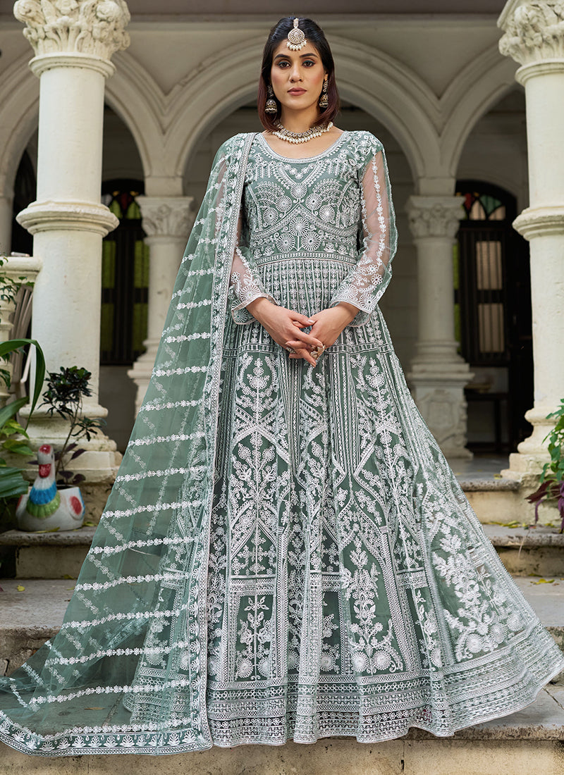 Green Butterfly Net Embroidery Work Wedding Wear Readymade Anarkali Suit SW130393
