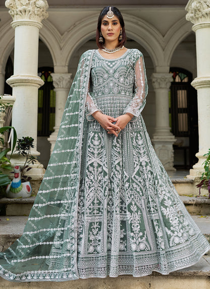 Green Butterfly Net Embroidery Work Wedding Wear Readymade Anarkali Suit SW130393