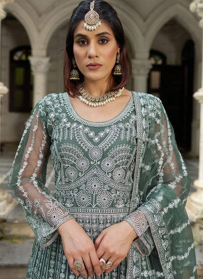 Green Butterfly Net Embroidery Work Wedding Wear Readymade Anarkali Suit SW130393
