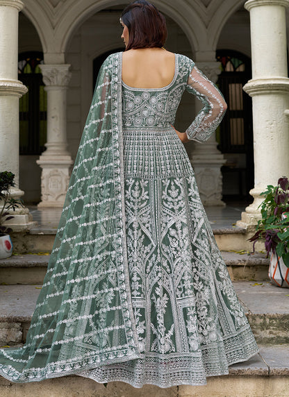 Green Butterfly Net Embroidery Work Wedding Wear Readymade Anarkali Suit SW130393