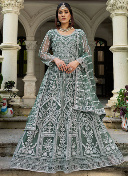 Green Butterfly Net Embroidery Work Wedding Wear Readymade Anarkali Suit SW130393