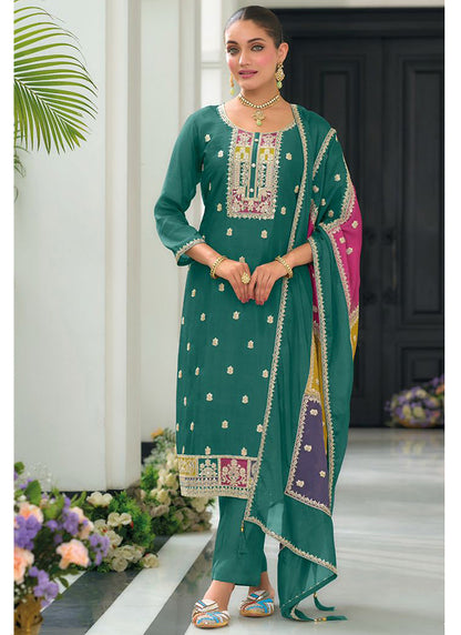 Chinnon Green Festival Wear Embroidery Work Readymade Salwar Suit 385406