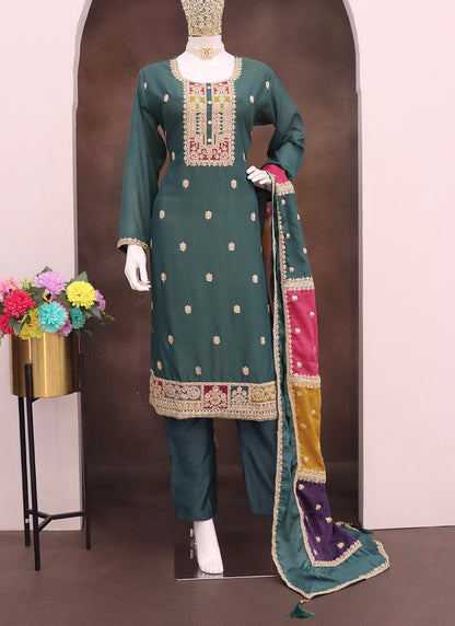 Chinnon Green Festival Wear Embroidery Work Readymade Salwar Suit 385406