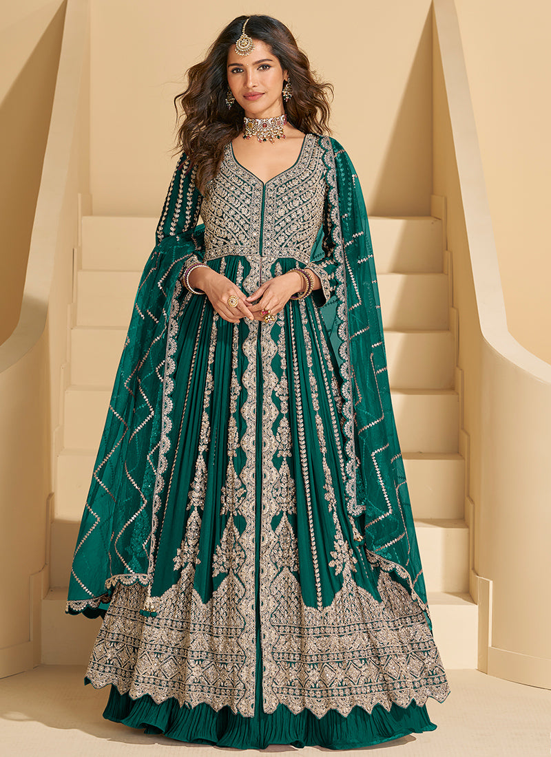 Chinnon Silk Green Wedding Wear Embroidery Work Readymade Anarkali Suit 384436