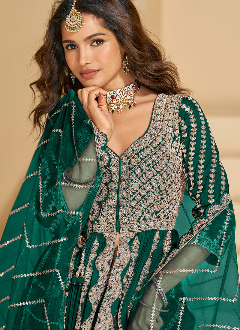 Chinnon Silk Green Wedding Wear Embroidery Work Readymade Anarkali Suit 384436