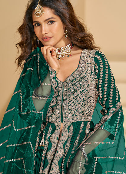 Chinnon Silk Green Wedding Wear Embroidery Work Readymade Anarkali Suit 384436