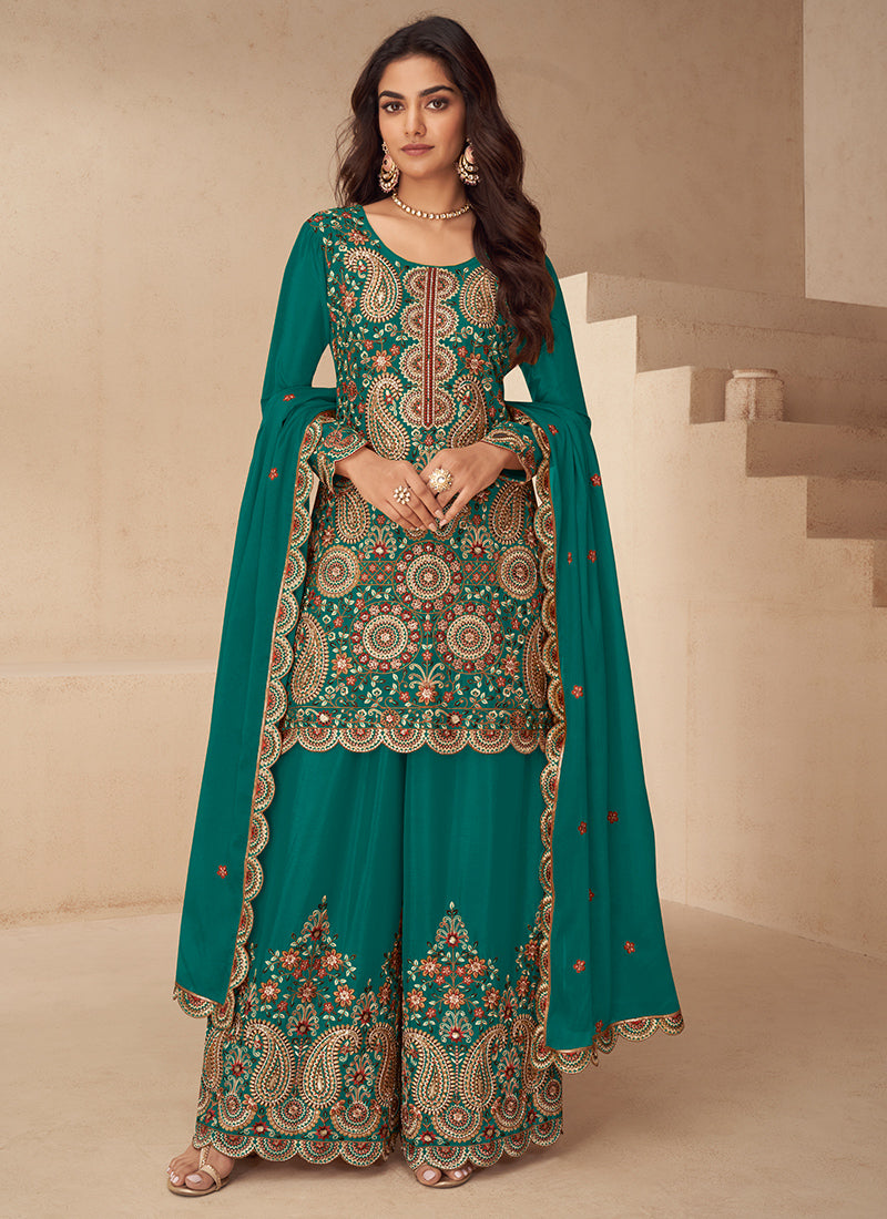 Chinnon Green Wedding Wear Embroidery Work Readymade Plazzo Suit 385061