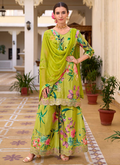 Green Chinon Digital Print Work Casual Wear Readymade Plazzo Suit SW350970