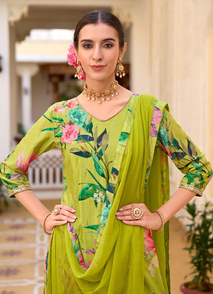 Green Chinon Digital Print Work Casual Wear Readymade Plazzo Suit SW350970