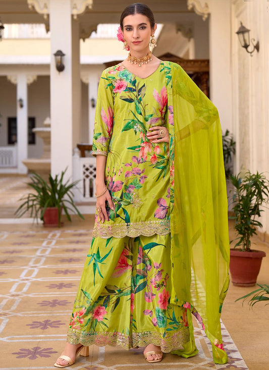Green Chinon Digital Print Work Casual Wear Readymade Plazzo Suit SW350970