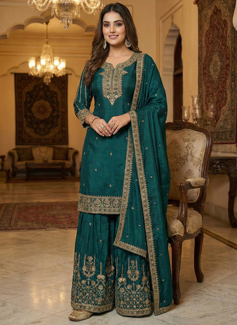 Green Chinon Embroidery Work Eid Wear Readymade Plazzo Suit SW458641