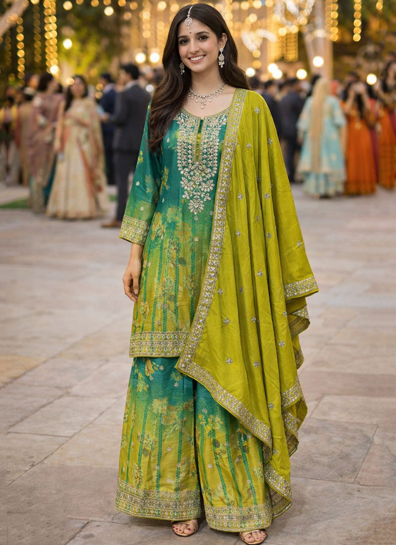Green Chinon Embroidery Work Festival Wear Readymade Plazzo Suit SW591495