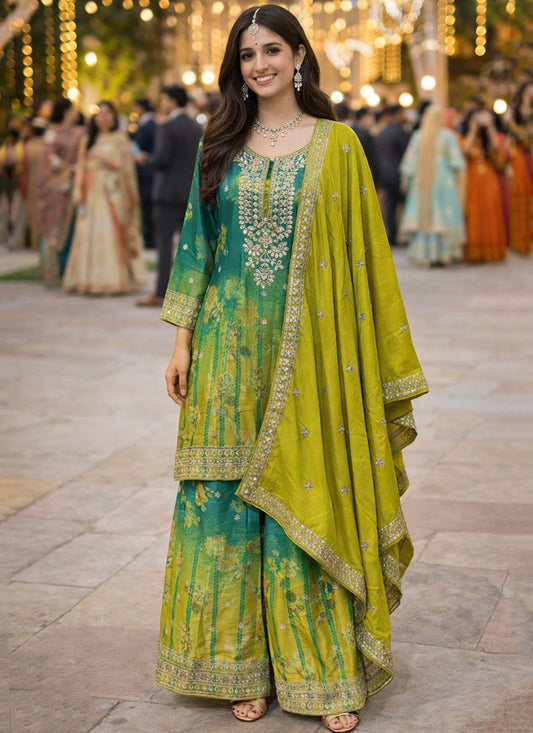 Green Chinon Embroidery Work Festival Wear Readymade Plazzo Suit SW591495