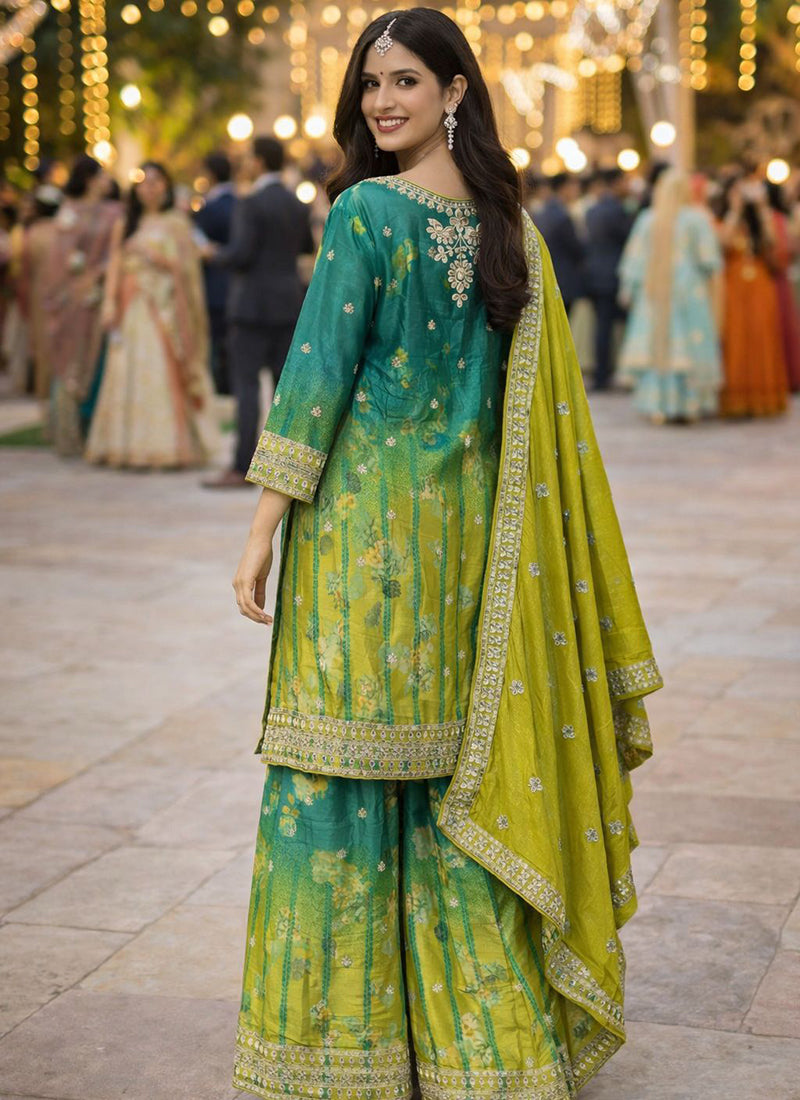 Green Chinon Embroidery Work Festival Wear Readymade Plazzo Suit SW591495