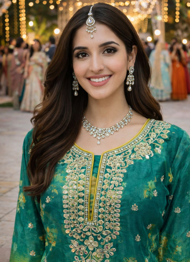 Green Chinon Embroidery Work Festival Wear Readymade Plazzo Suit SW591495