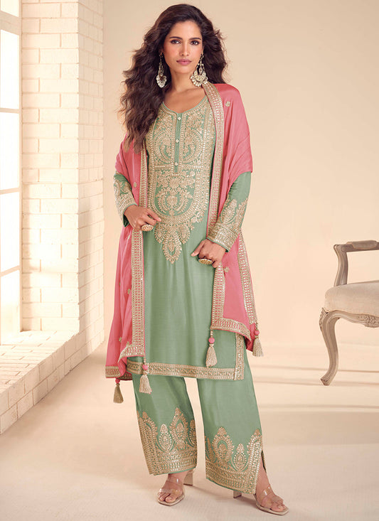 Green Chinon Embroidery Work Party Wear Readymade Plazzo Suit SW764055