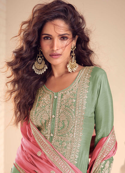 Green Chinon Embroidery Work Party Wear Readymade Plazzo Suit SW764055