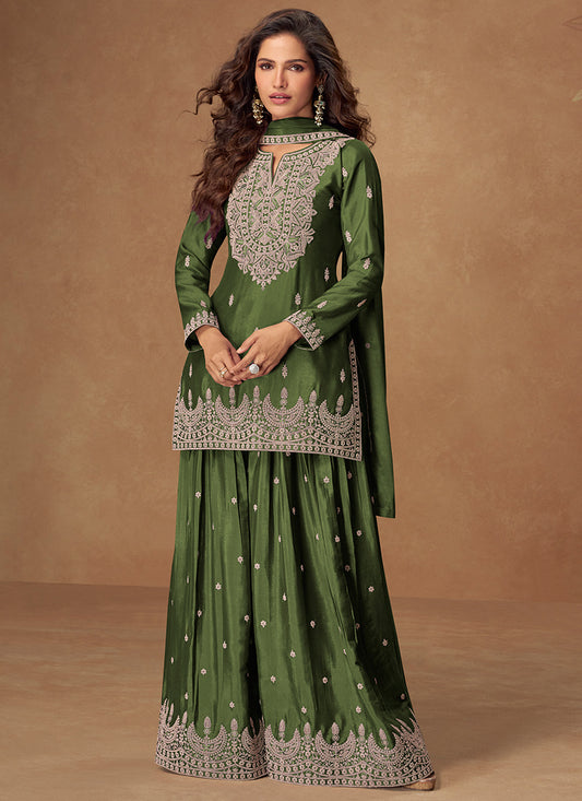Green Chinon Silk Embroidery Work Occasional Wear Readymade Plazzo Suit SW195796