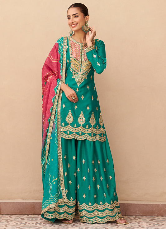 Chinon Silk Green Party Wear Embroidery Work Readymade Plazzo Suit 386635