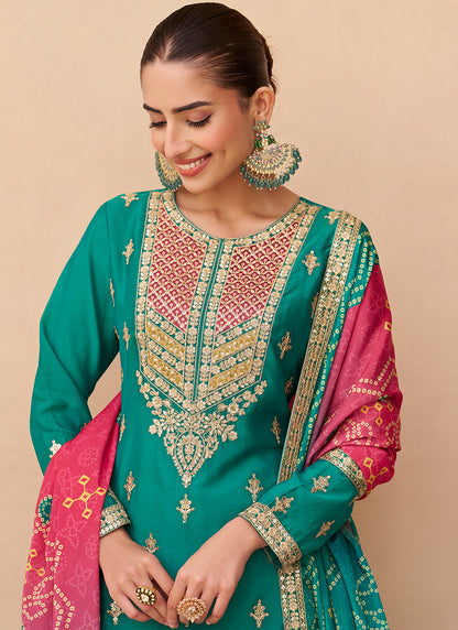 Chinon Silk Green Party Wear Embroidery Work Readymade Plazzo Suit 386635