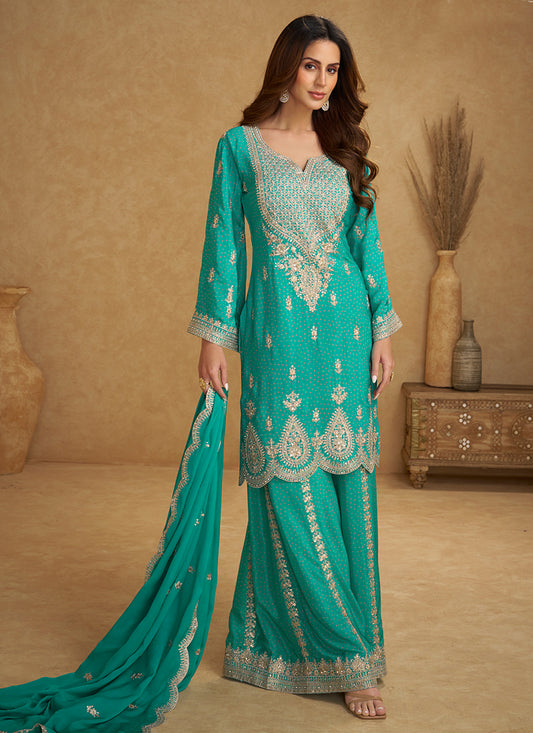 Green Chinon Embroidery Work Wedding Wear Readymade Plazzo Suit SW262230