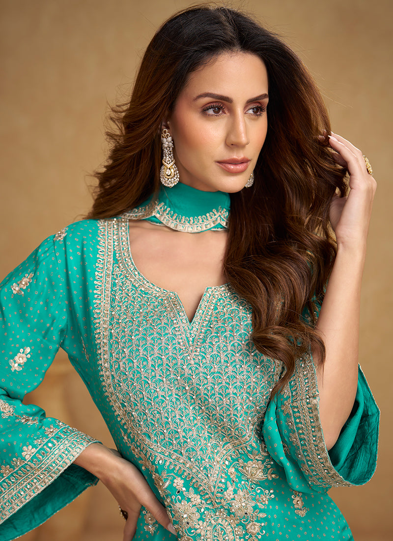 Green Chinon Embroidery Work Wedding Wear Readymade Plazzo Suit SW262230