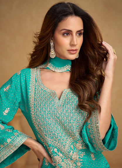 Green Chinon Embroidery Work Wedding Wear Readymade Plazzo Suit SW262230