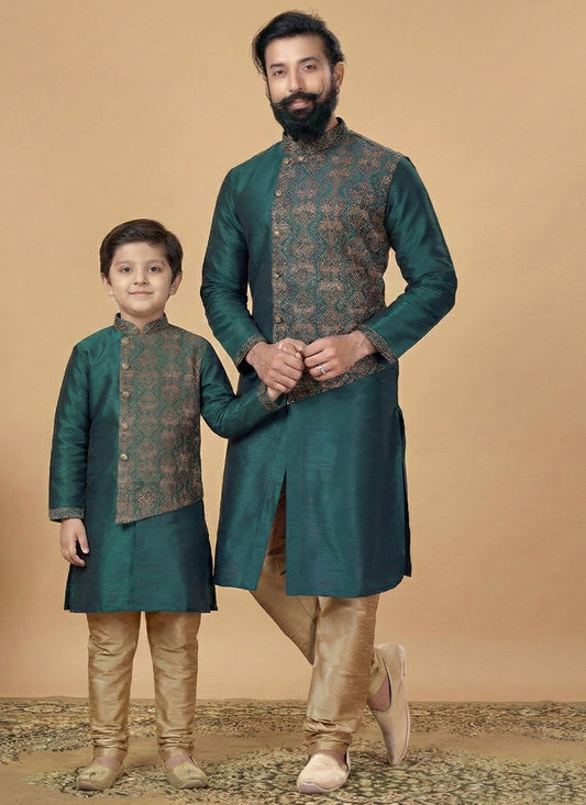 Green Dupion Silk Embroidery Work Festival Wear Readymade Kurta Pajama For Man SW441804