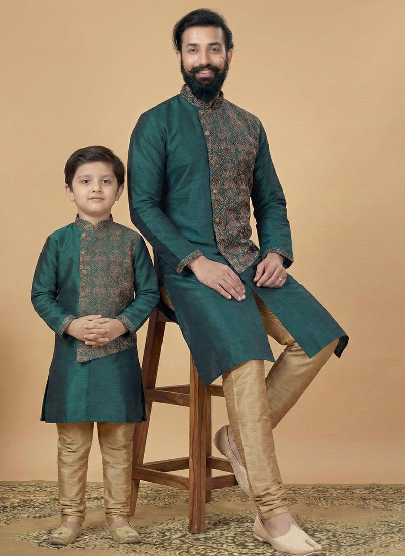 Green Dupion Silk Embroidery Work Festival Wear Readymade Kurta Pajama For Man SW441804