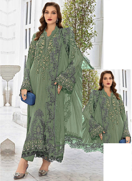 Faux Georgette Green Eid Wear Embroidery Work Pakistani Suit 387810