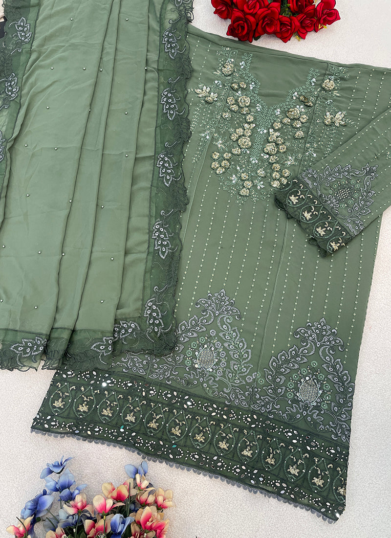 Faux Georgette Green Eid Wear Embroidery Work Pakistani Suit 387810