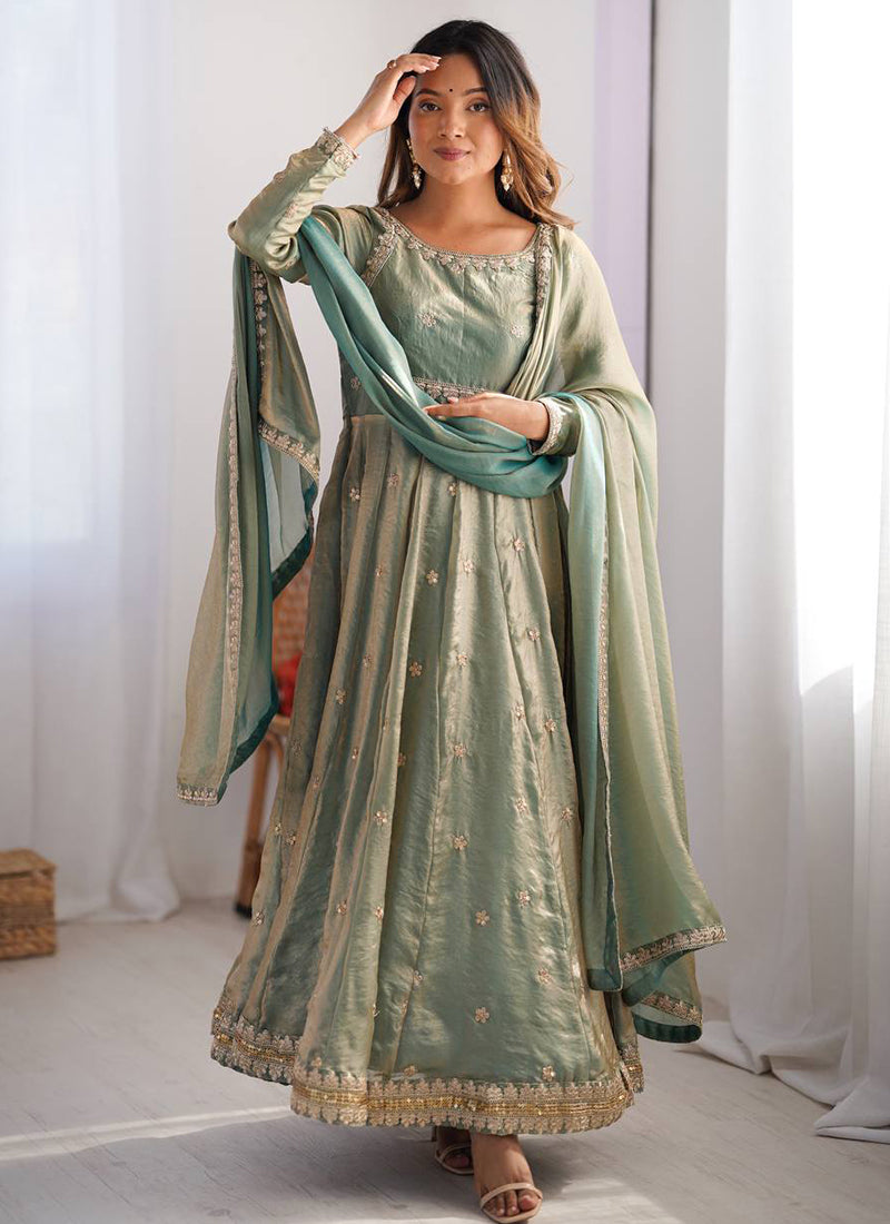 Fendy Silk Green Casual Wear Sequins Work Readymade Anarkali Suit 388726