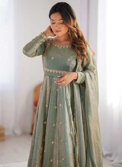 Fendy Silk Green Casual Wear Sequins Work Readymade Anarkali Suit 388726
