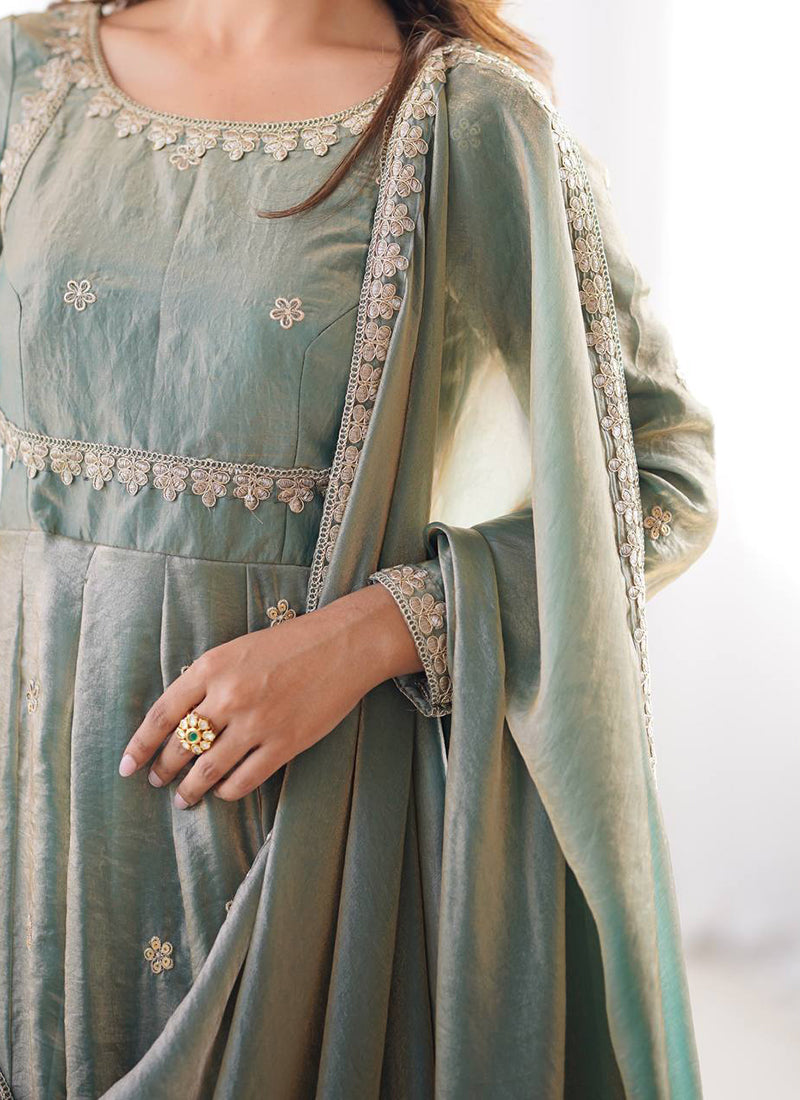 Fendy Silk Green Casual Wear Sequins Work Readymade Anarkali Suit 388726