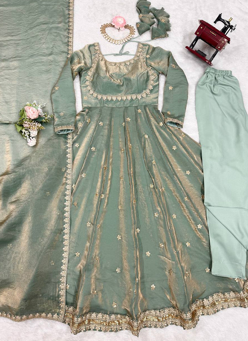 Fendy Silk Green Casual Wear Sequins Work Readymade Anarkali Suit 388726