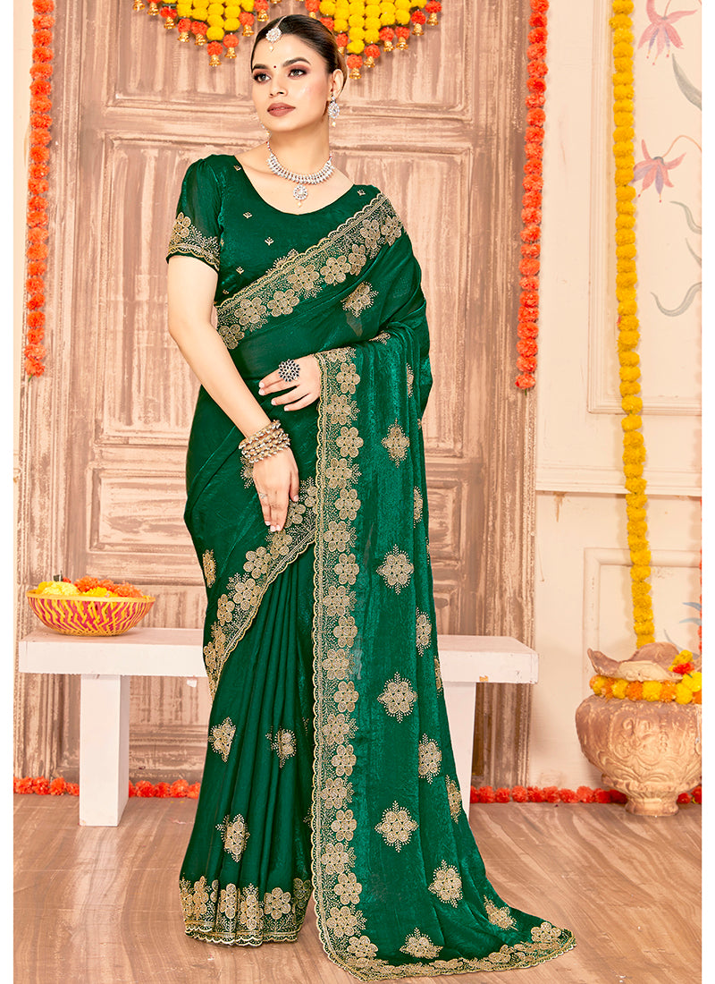Fendy Silk Green Saree with Zari Work for Festival Wear 384444