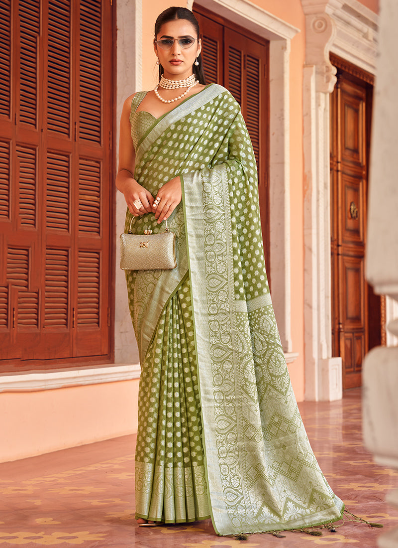 Georgette Green Saree with Printed Work for Festival Wear 379799