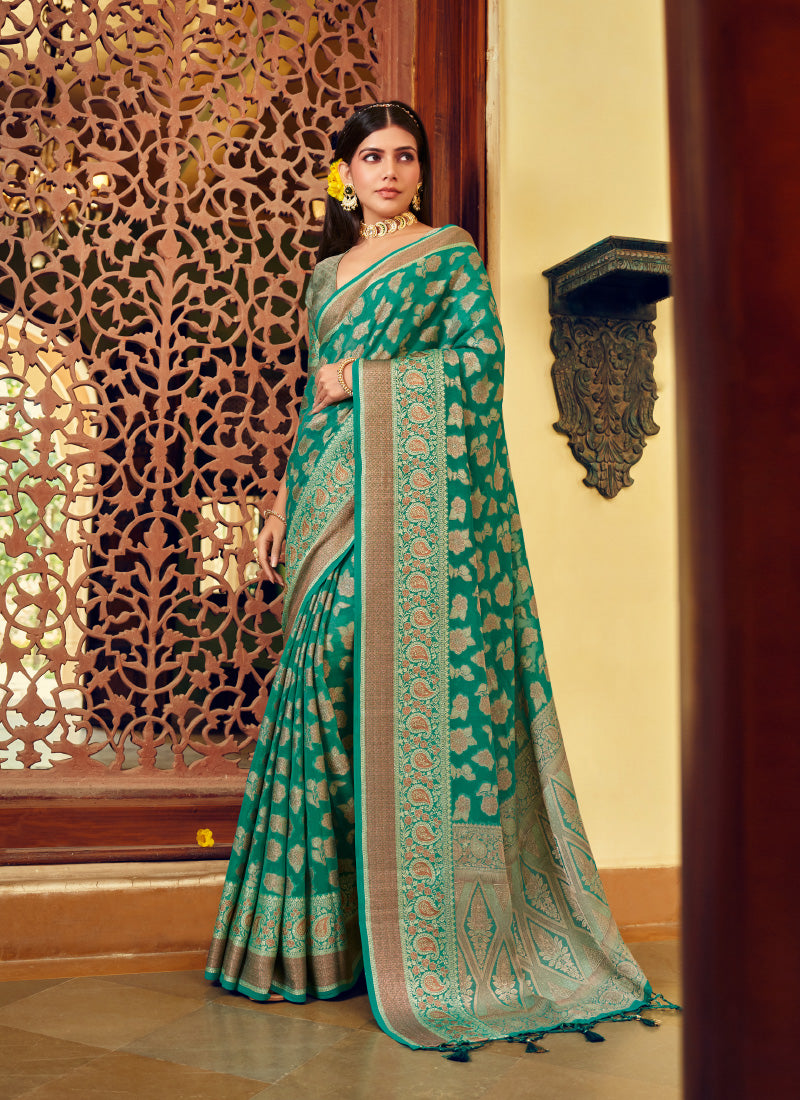Georgette Green Festival Wear Weaving Work Saree 385985