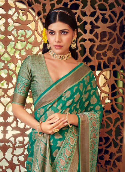 Georgette Green Festival Wear Weaving Work Saree 385985